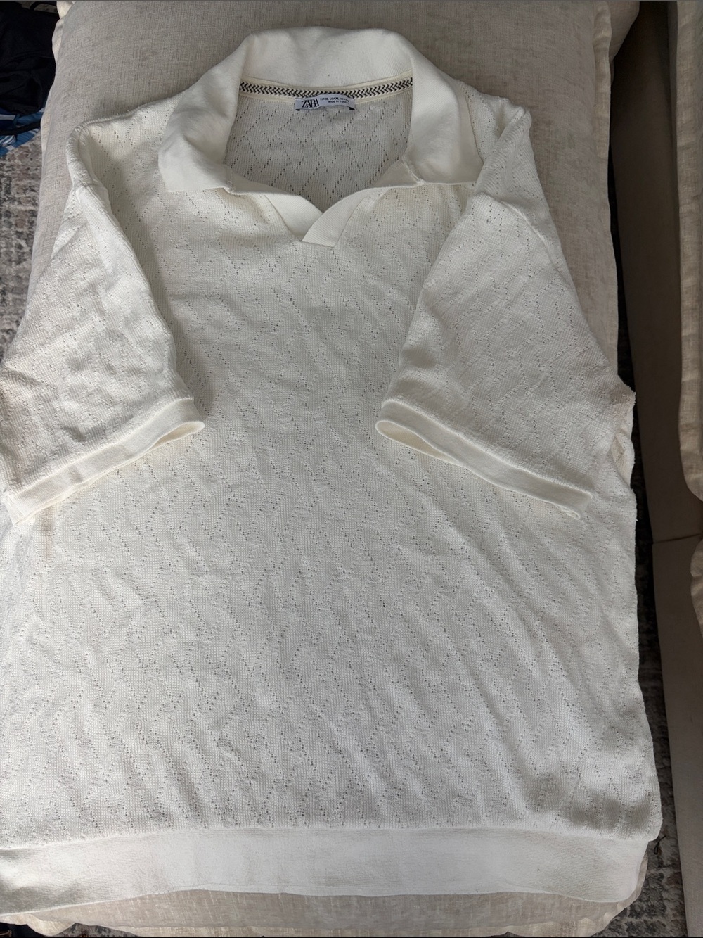 Zara Cream Openwork Polo Knit Top